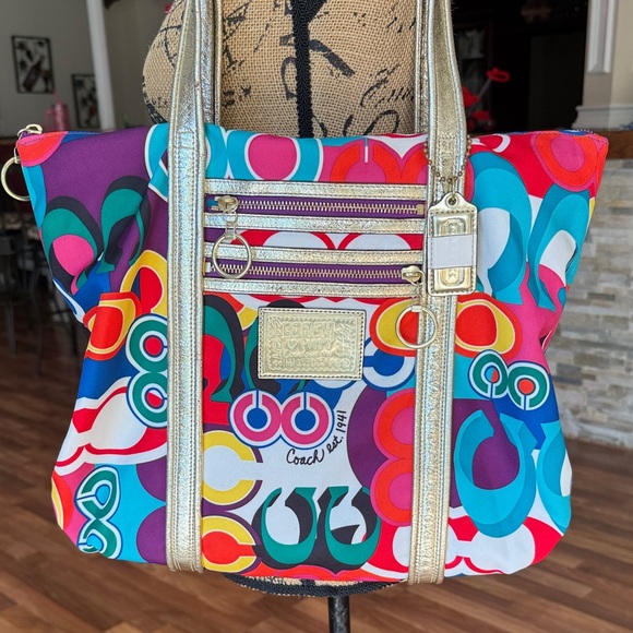 RARE Y2K Coach poppy tote bright and vibrant colors with gold accents - Picture 1 of 10